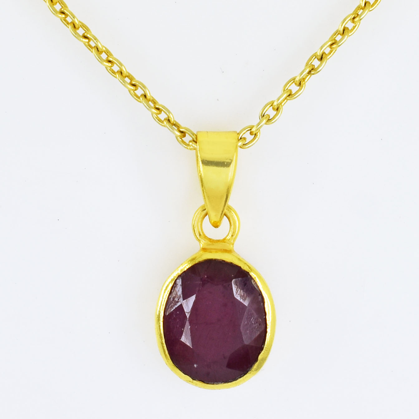 Natural Ruby (Manik) Faceted Oval Pendant with Gold-Plated Chain
