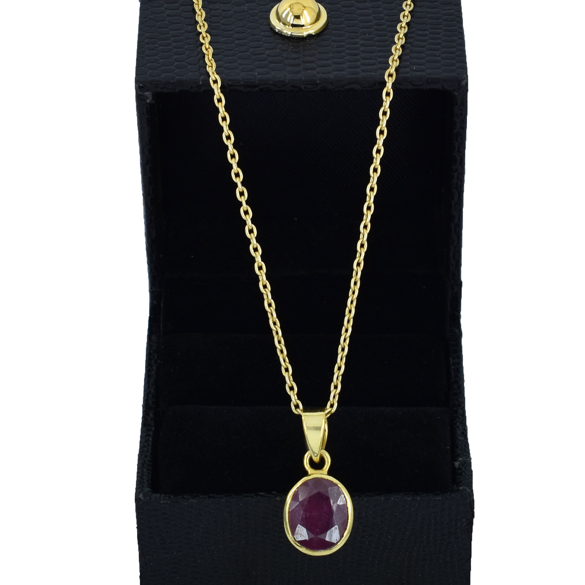 Natural Ruby (Manik) Faceted Oval Pendant with Gold-Plated Chain - Image 4