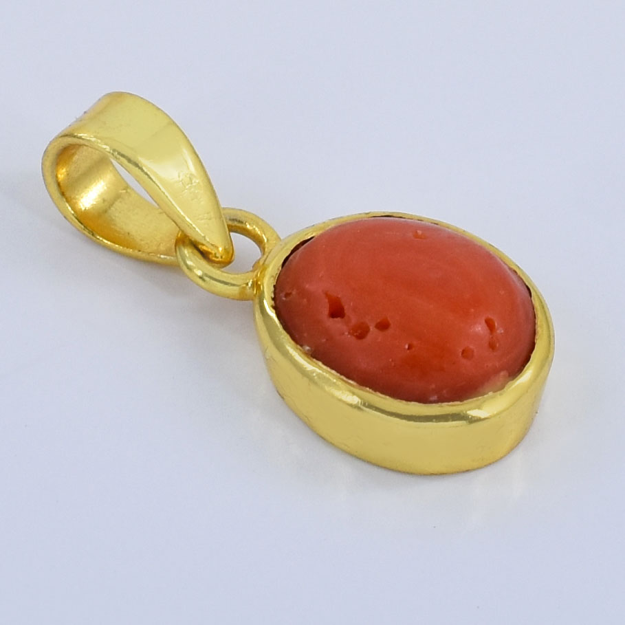 Natural Red Coral (Moonga) Oval Cabochon Pendant – Gold Plated - Image 9