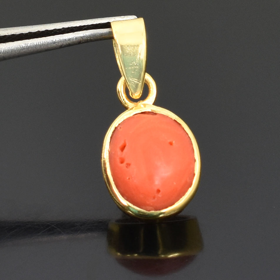 Natural Red Coral (Moonga) Oval Cabochon Pendant – Gold Plated - Image 8