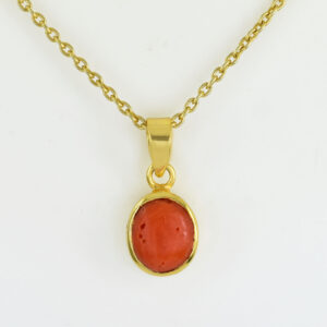 Natural Red Coral (Moonga) Oval Cabochon Pendant – Gold Plated