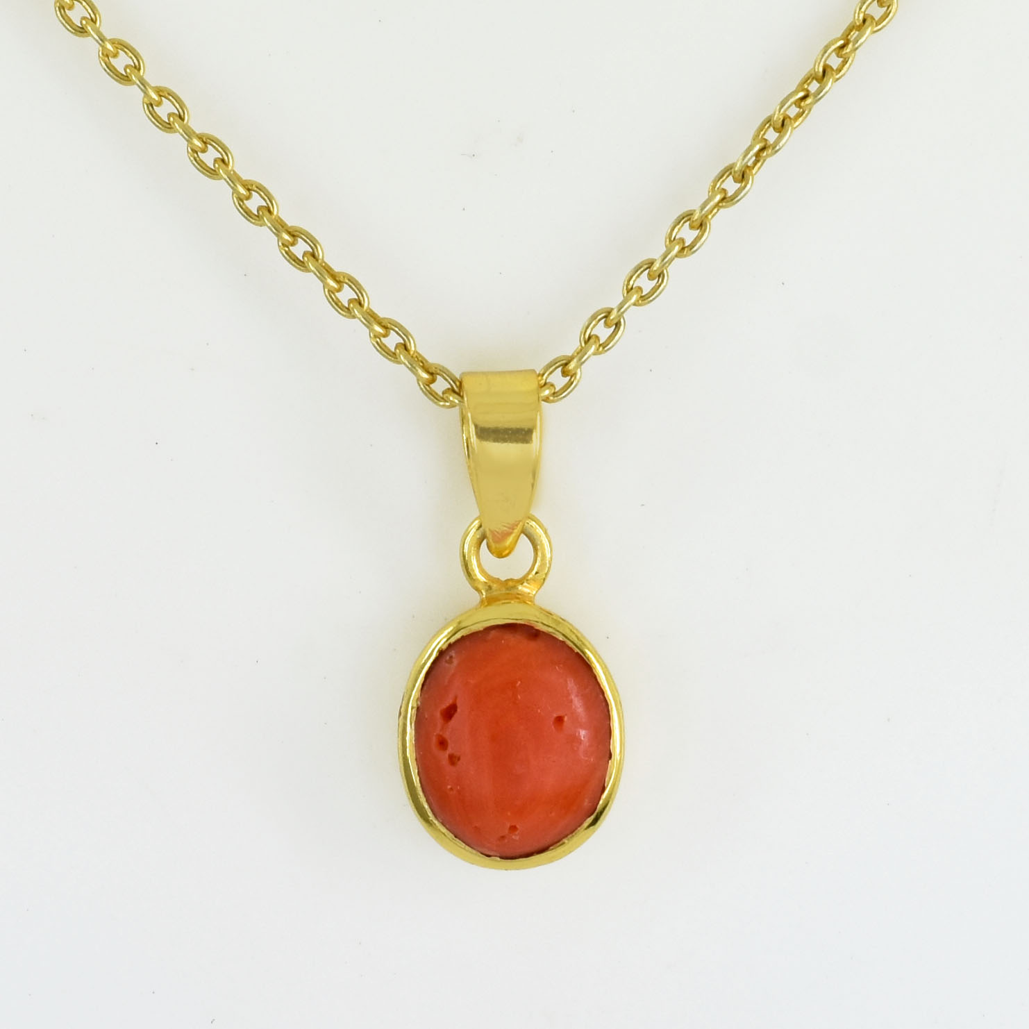 Natural Red Coral (Moonga) Oval Cabochon Pendant – Gold Plated