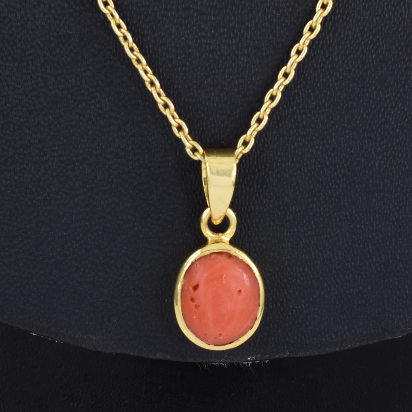 Natural Red Coral (Moonga) Oval Cabochon Pendant – Gold Plated - Image 6