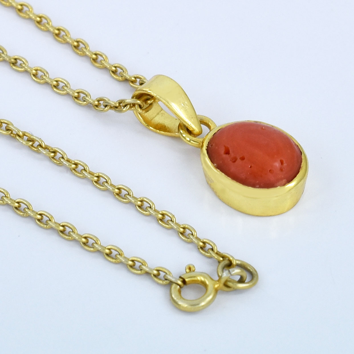 Natural Red Coral (Moonga) Oval Cabochon Pendant – Gold Plated - Image 5