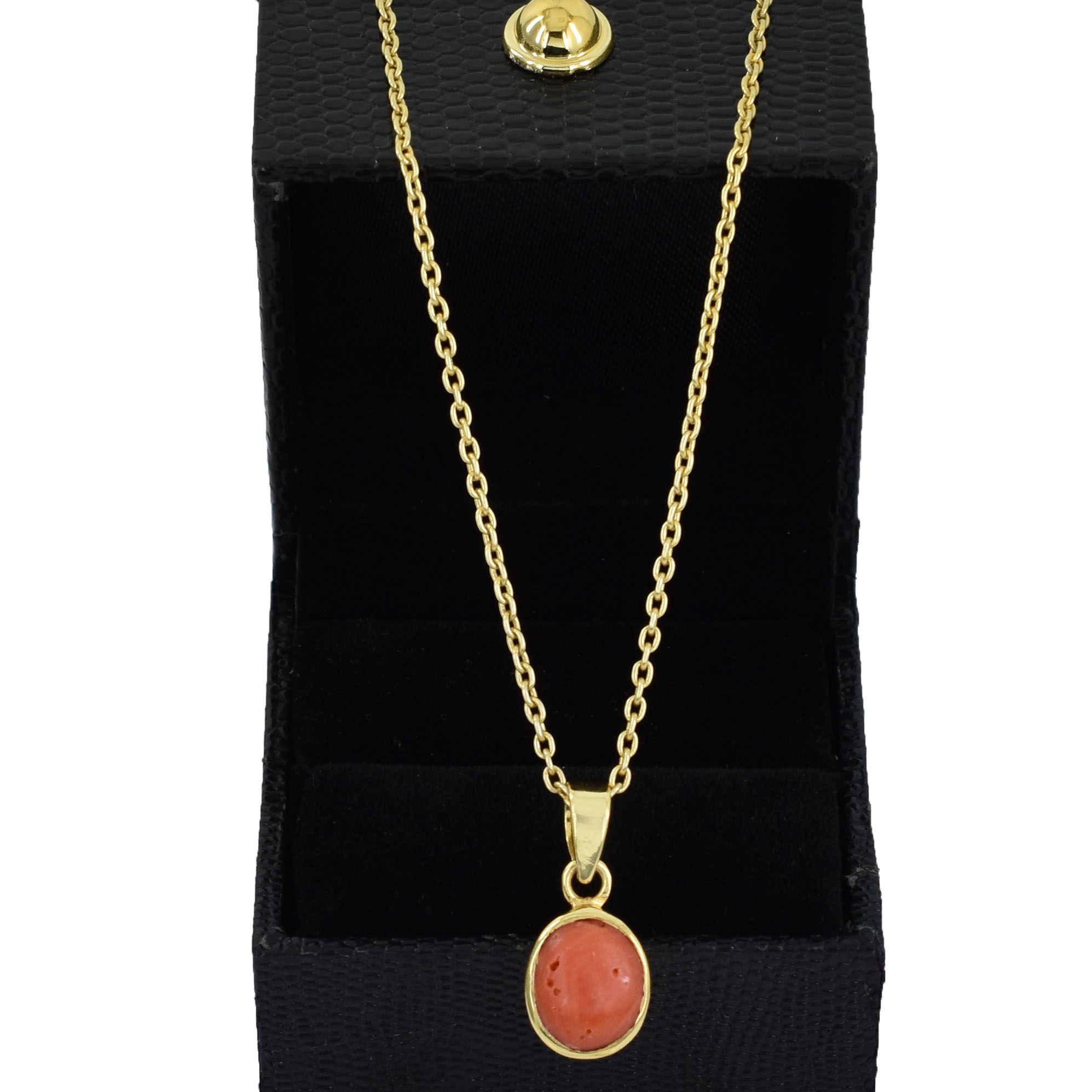 Natural Red Coral (Moonga) Oval Cabochon Pendant – Gold Plated - Image 4