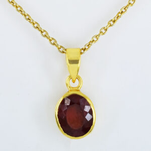 Natural Hessonite Garnet (Gomed) Faceted Oval Pendant with Gold-Plated Chain