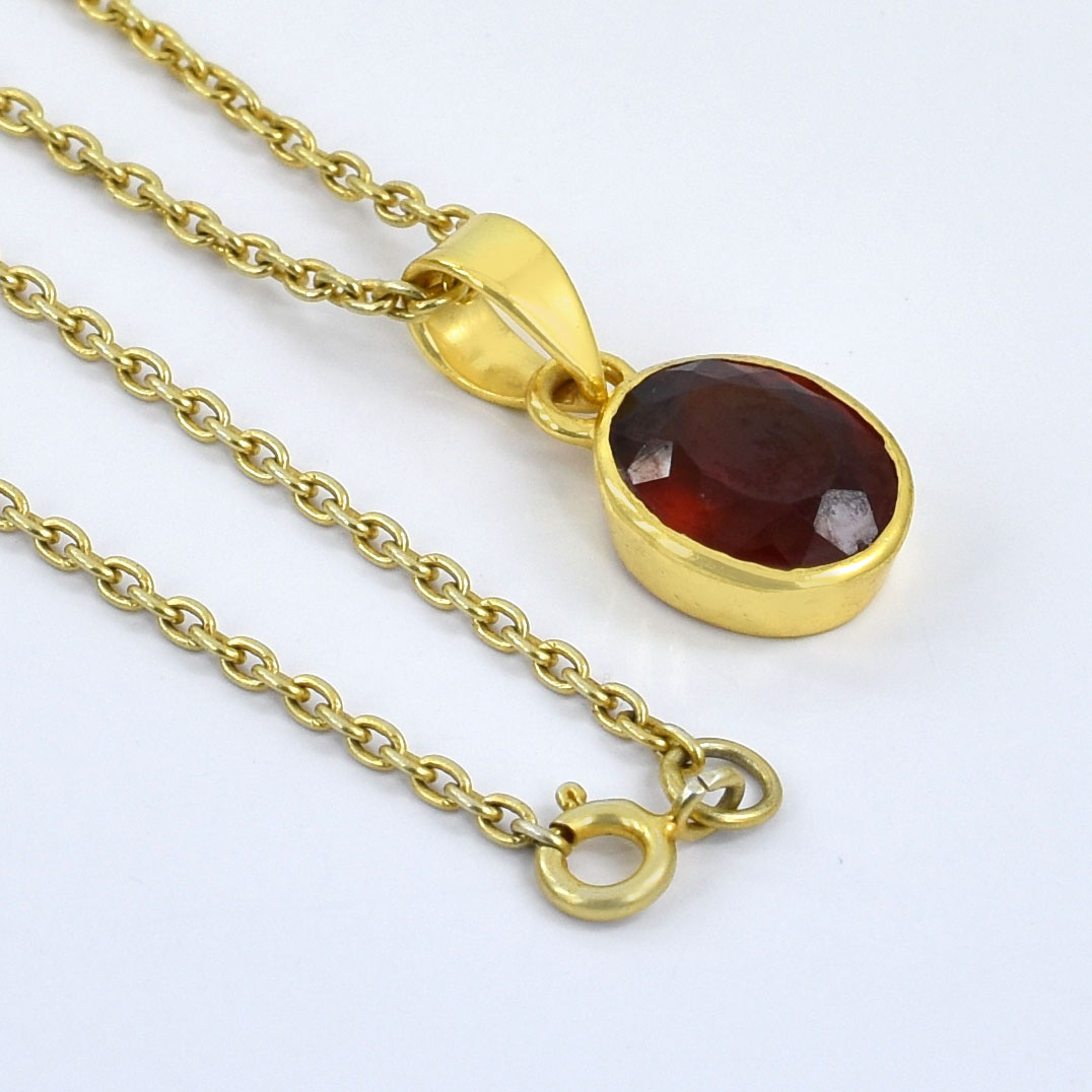 Natural Hessonite Garnet (Gomed) Faceted Oval Pendant with Gold-Plated Chain - Image 5