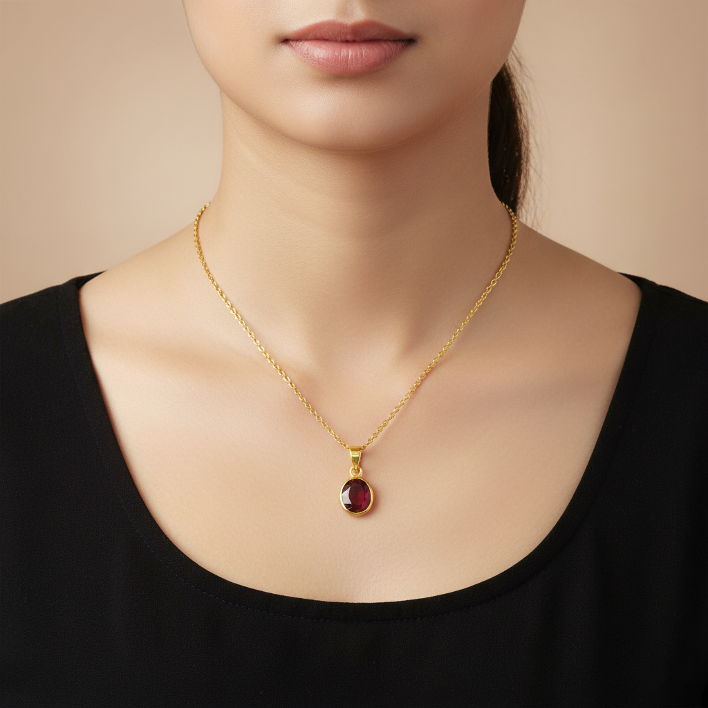 Natural Hessonite Garnet (Gomed) Faceted Oval Pendant with Gold-Plated Chain - Image 3
