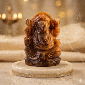 Natural Tiger Eye Ganesha Idol | Hand-Carved Tiger Eye Gemstone Lord Ganesh Murti for Prosperity, Protection & Vastu