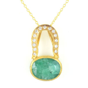 Natural Emerald (Panna) Oval Pendant with CZ Accent Bail | Gold Plated Sterling Silver