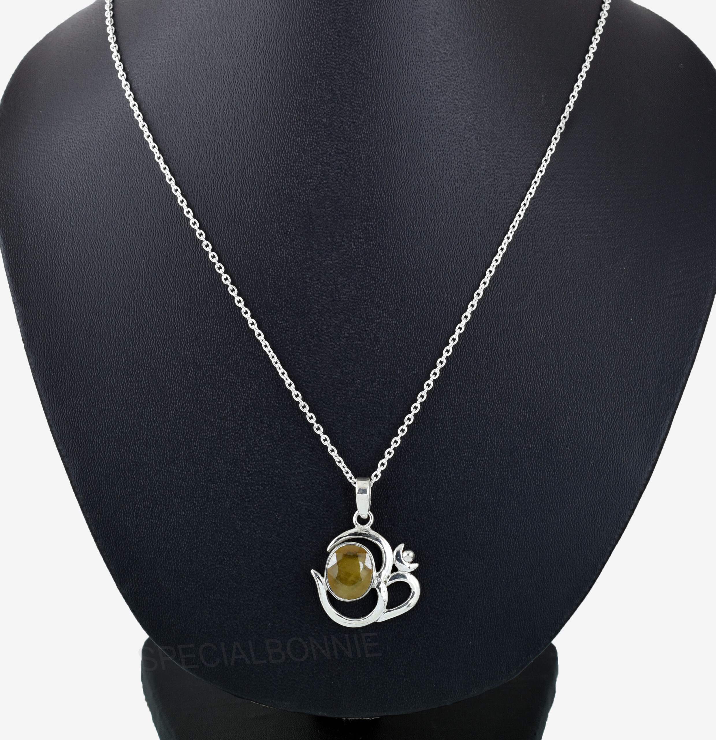 Natural Yellow Sapphire (Pukhraj) Om Pendant with Silver-Tone Chain - Image 2