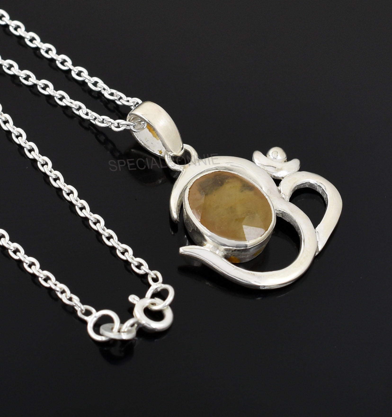 Natural Yellow Sapphire (Pukhraj) Om Pendant with Silver-Tone Chain - Image 3