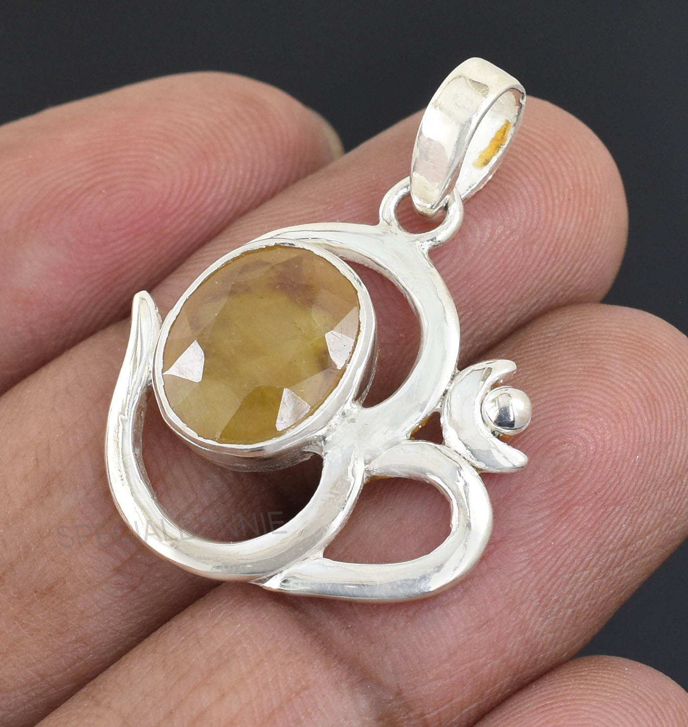 Natural Yellow Sapphire (Pukhraj) Om Pendant with Silver-Tone Chain - Image 5