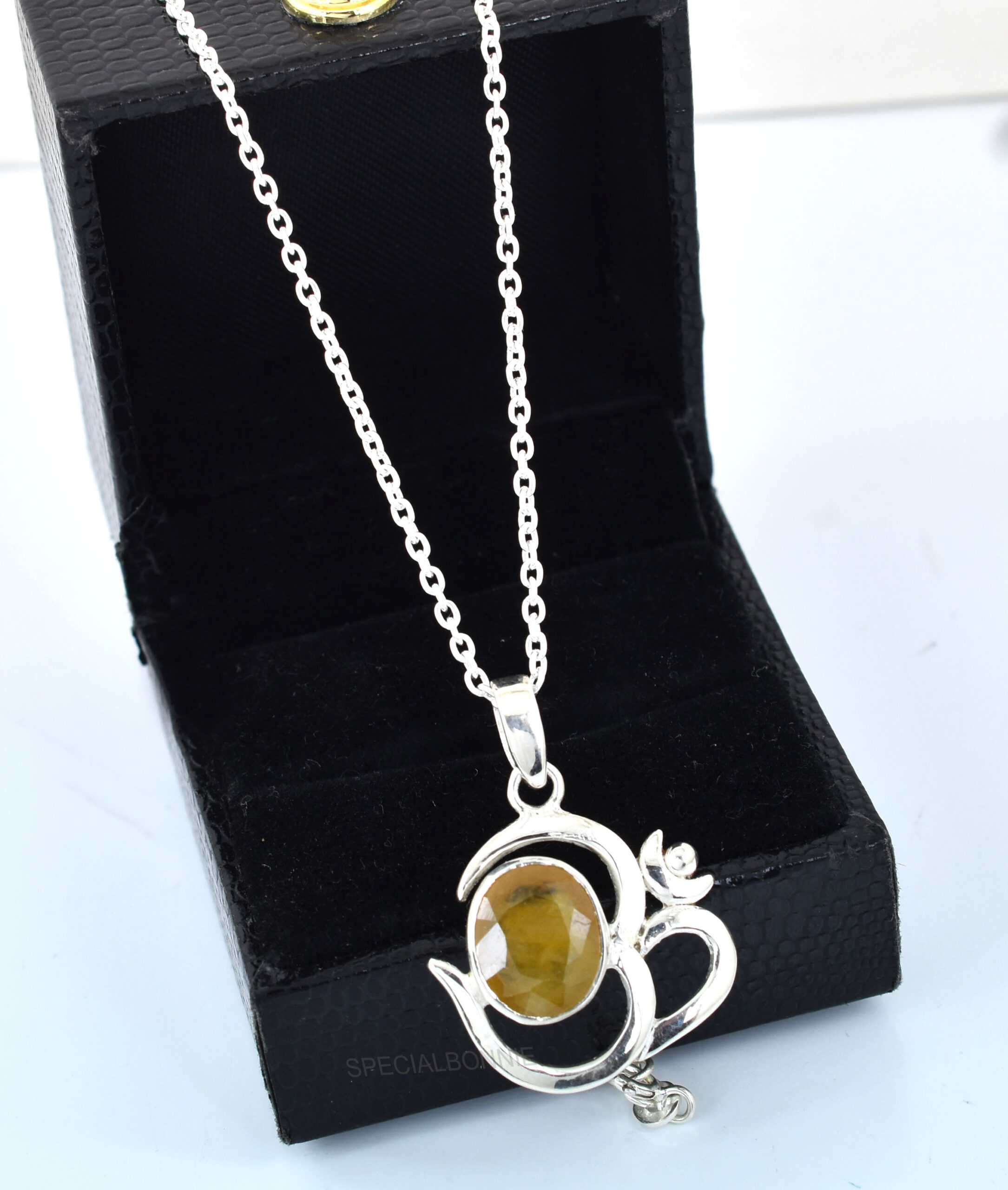 Natural Yellow Sapphire (Pukhraj) Om Pendant with Silver-Tone Chain - Image 7