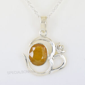Natural Yellow Sapphire (Pukhraj) Om Pendant with Silver-Tone Chain