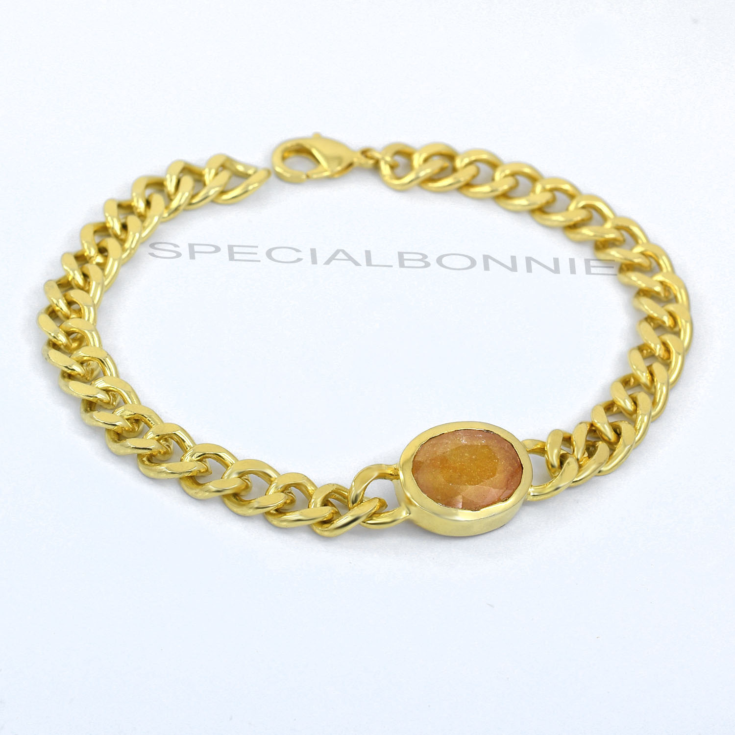 Natural Yellow Sapphire (Pukhraj) Gold-Finish Chain Bracelet - Image 8