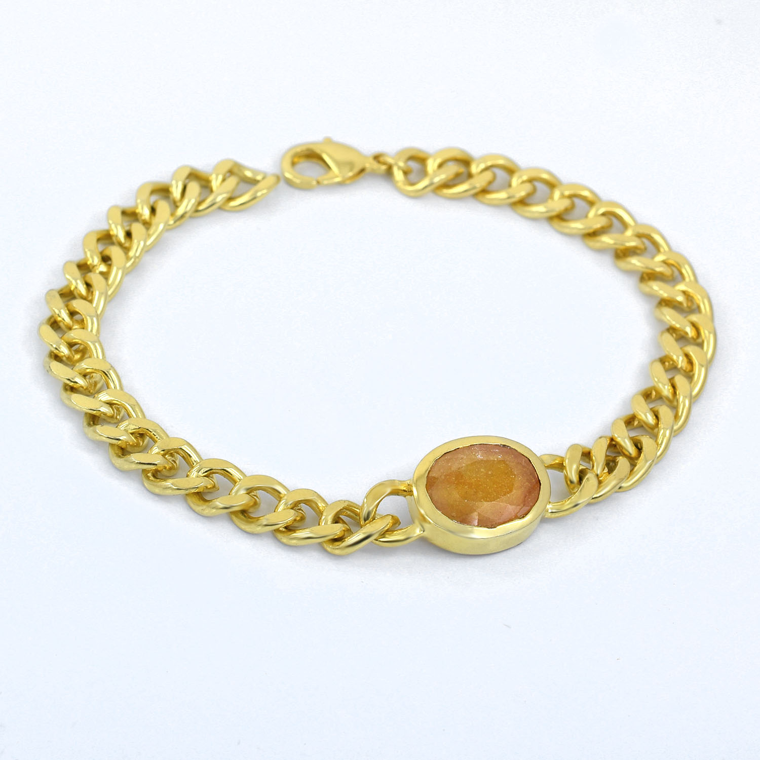 Natural Yellow Sapphire (Pukhraj) Gold-Finish Chain Bracelet - Image 9