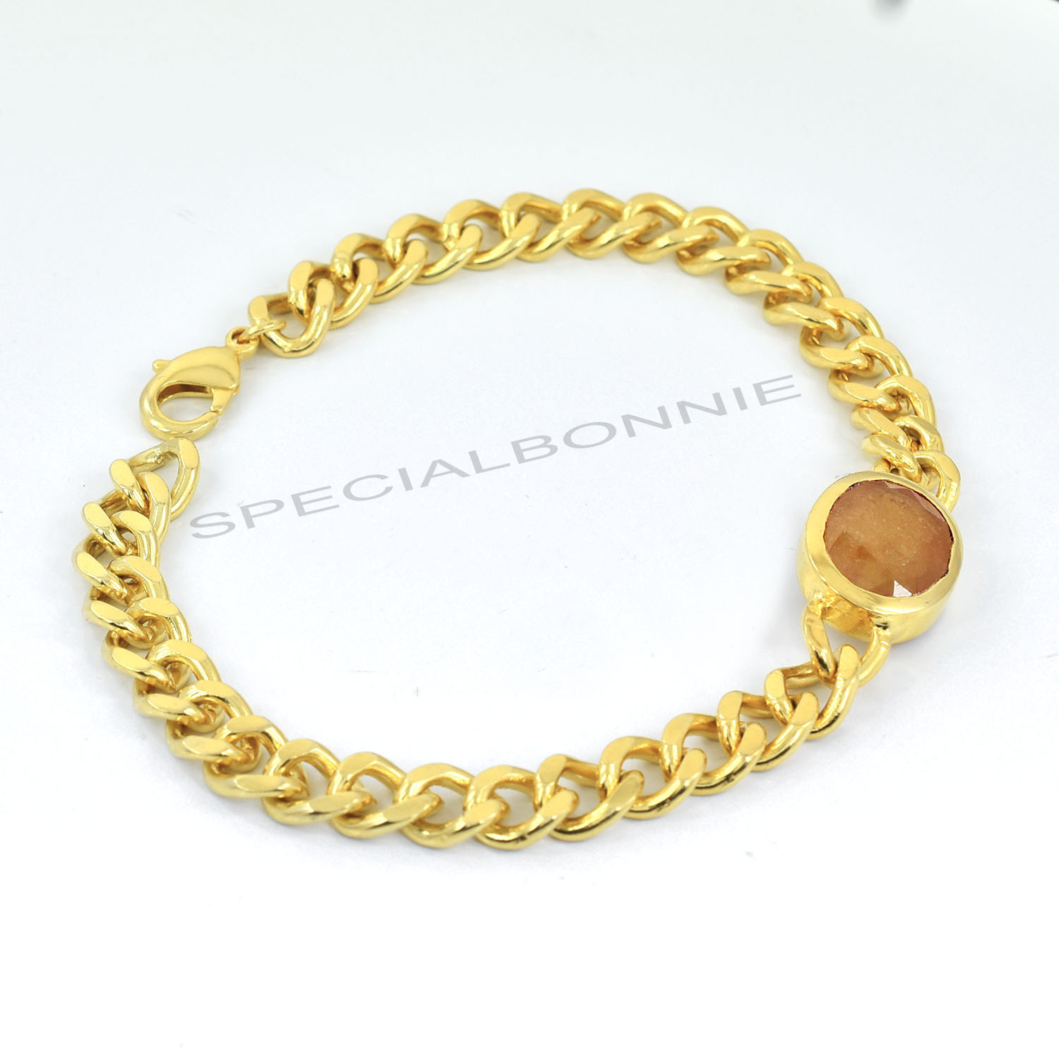Natural Yellow Sapphire (Pukhraj) Gold-Finish Chain Bracelet - Image 6