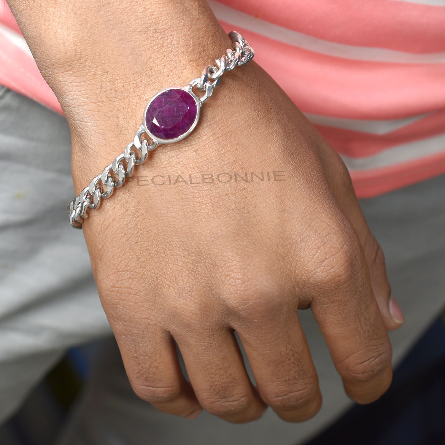 Natural Amethyst Silver-Finish Chain Bracelet - Image 7