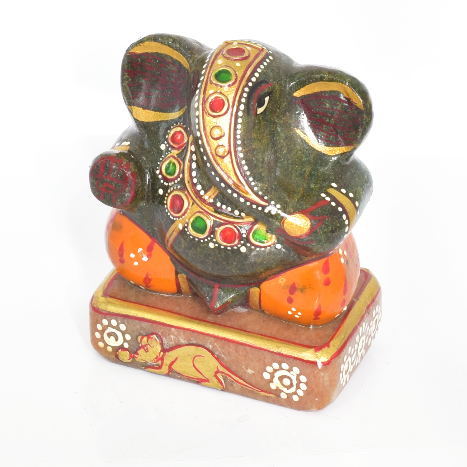 Natural Green Stone Hand-Painted Ganesha Idol (Healing Crystal Murti)