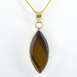Natural Tiger’s Eye Pendant with Gold-Tone Chain | Marquise Cabochon Gemstone Pendant – 20 CT | 11.8 Gram