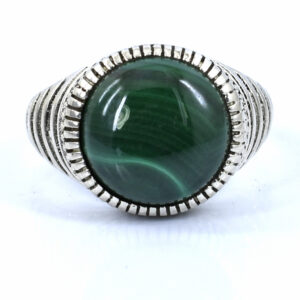 Natural Green Cat’s Eye Ring in Silver-Tone Setting | Round Cabochon Gemstone Ring – 39.25 CT