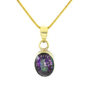 Mystic Quartz Pendant with Gold-Tone Chain | Oval Faceted Gemstone Pendant – 10.35 CT | 4.5 Gram