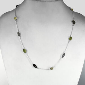Natural Multi-Gemstone Silver-Tone Chain Necklace | Green, Smoky Grey & Golden Yellow Gemstone Necklace