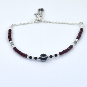 Black Evil Eye & Burgundy Crystal Silver-Plated Bracelet | Adjustable Protection Bracelet | Unisex Spiritual Jewelry