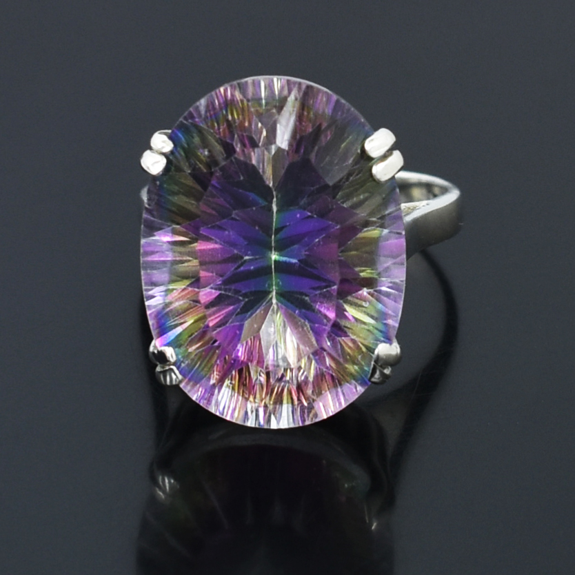 Natural Mystic Quartz Gemstone Ring – 18 Ct Oval Faceted Crystal Ring - Image 5