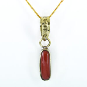 Natural Red Coral Pendant with Gold-Tone Chain | Capsule Cabochon Gemstone Pendant – 6 CT | 3.00 Grams