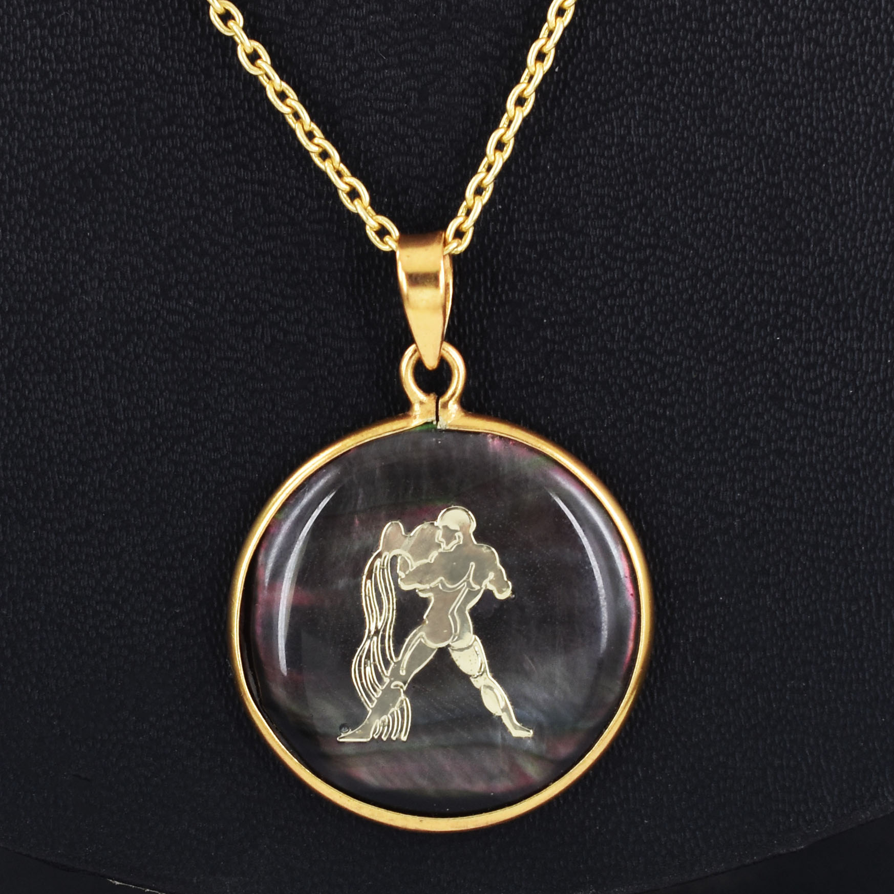Natural Black Agate (Hakik) Aquarius Zodiac Pendant - Image 6