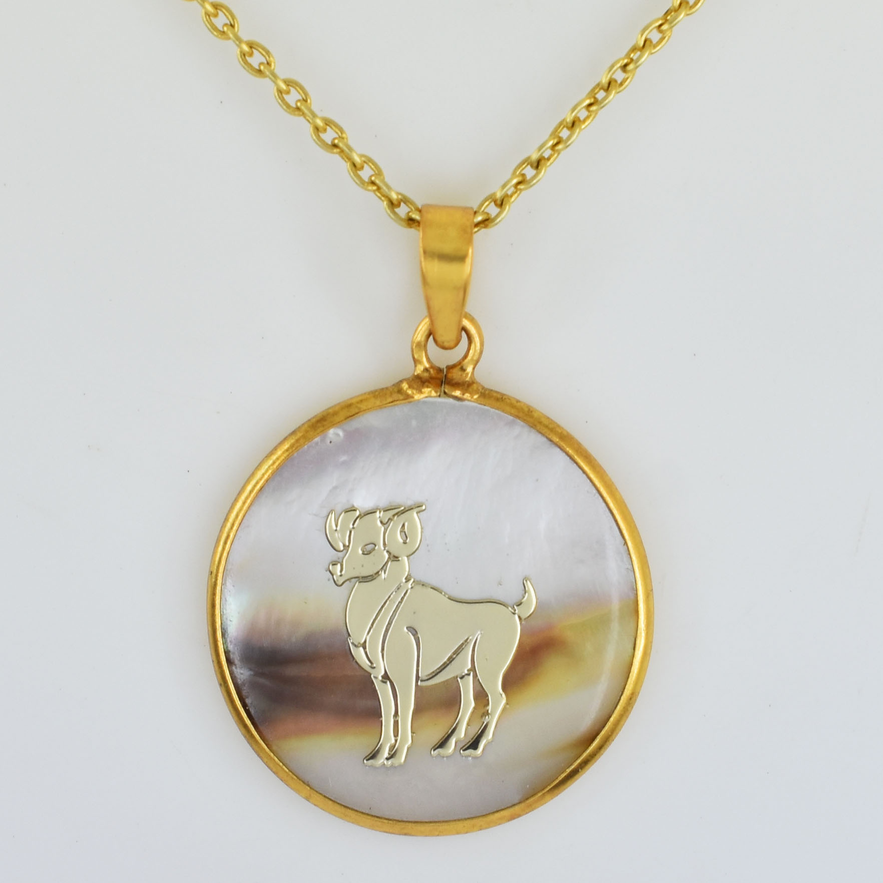 Natural Mother of Pearl Aries Zodiac Pendant Necklace – Gold Astrology Pendant