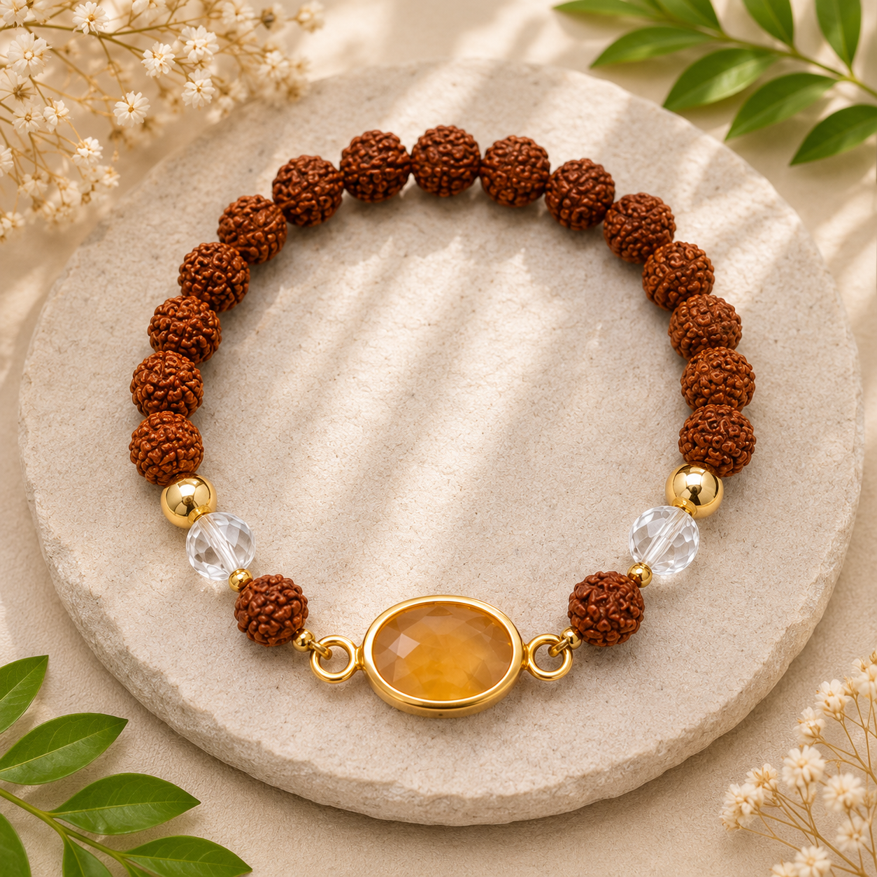 Natural Rudraksha Bracelet with Yellow Sapphire (Pukhraj) & Crystal Beads – Wealth, Wisdom & Protection Bracelet