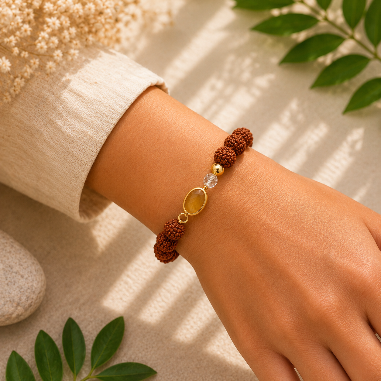 Natural Rudraksha Bracelet with Yellow Sapphire (Pukhraj) & Crystal Beads – Wealth, Wisdom & Protection Bracelet - Image 2