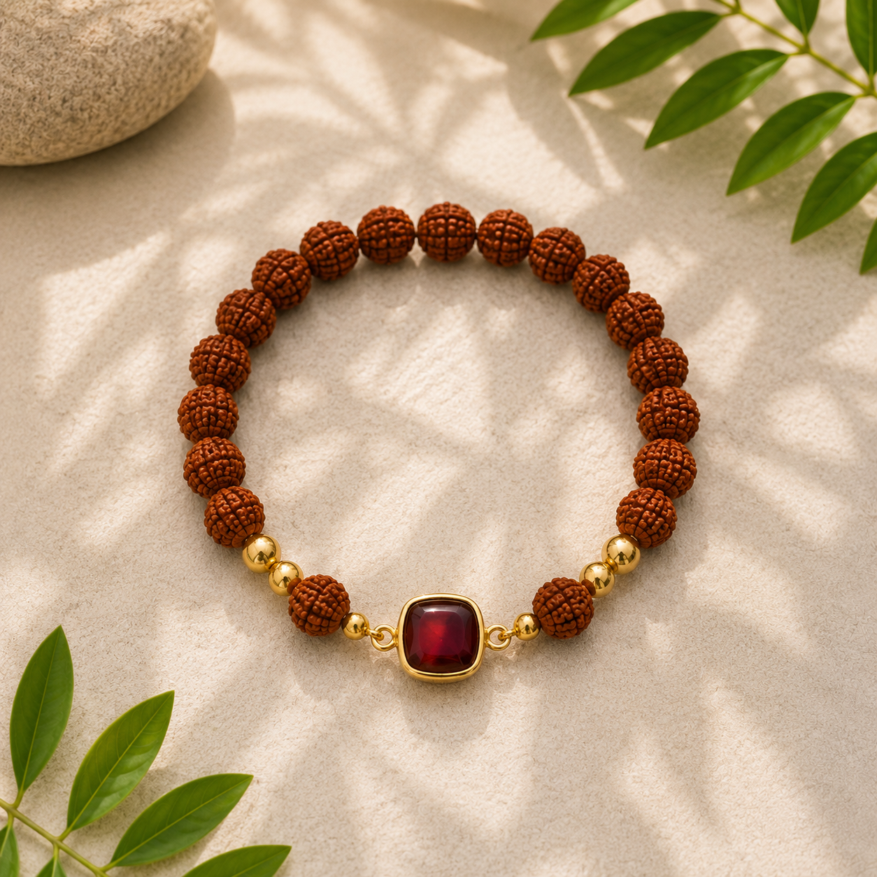 Natural Rudraksha Bracelet with Ruby Stone | Spiritual Healing & Astrological Protection Bracelet
