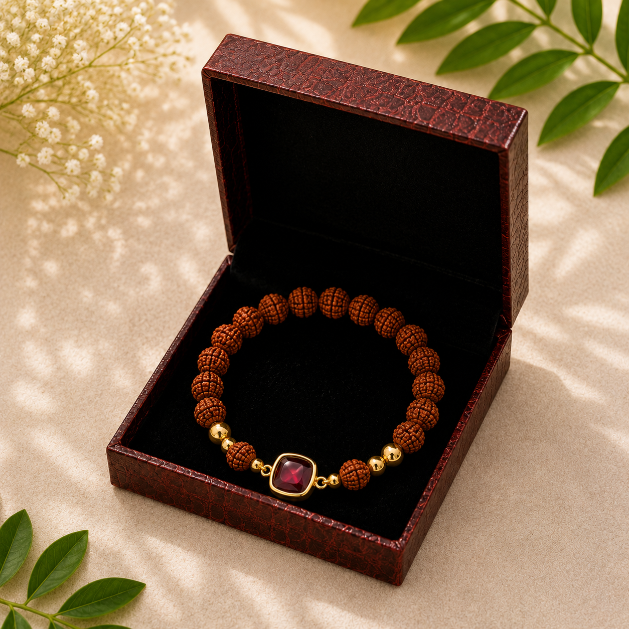 Natural Rudraksha Bracelet with Ruby Stone | Spiritual Healing & Astrological Protection Bracelet - Image 2