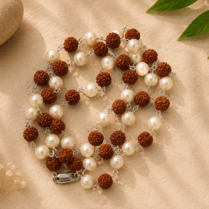 Natural Rudraksha & Pearl Bracelet (Silver Finish) – Spiritual Prayer Bracele