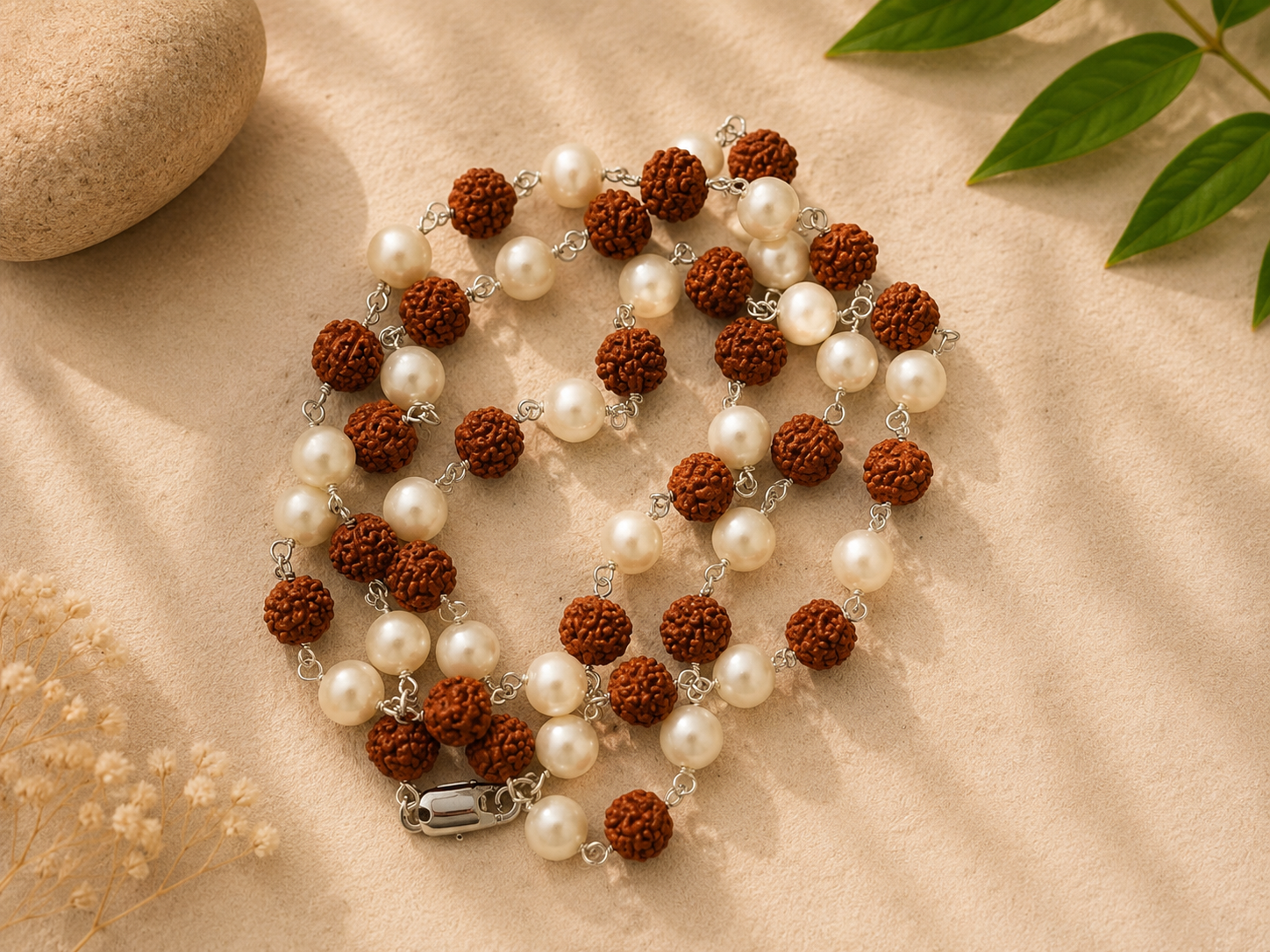 Natural Rudraksha & Pearl Bracelet (Silver Finish) – Spiritual Prayer Bracele