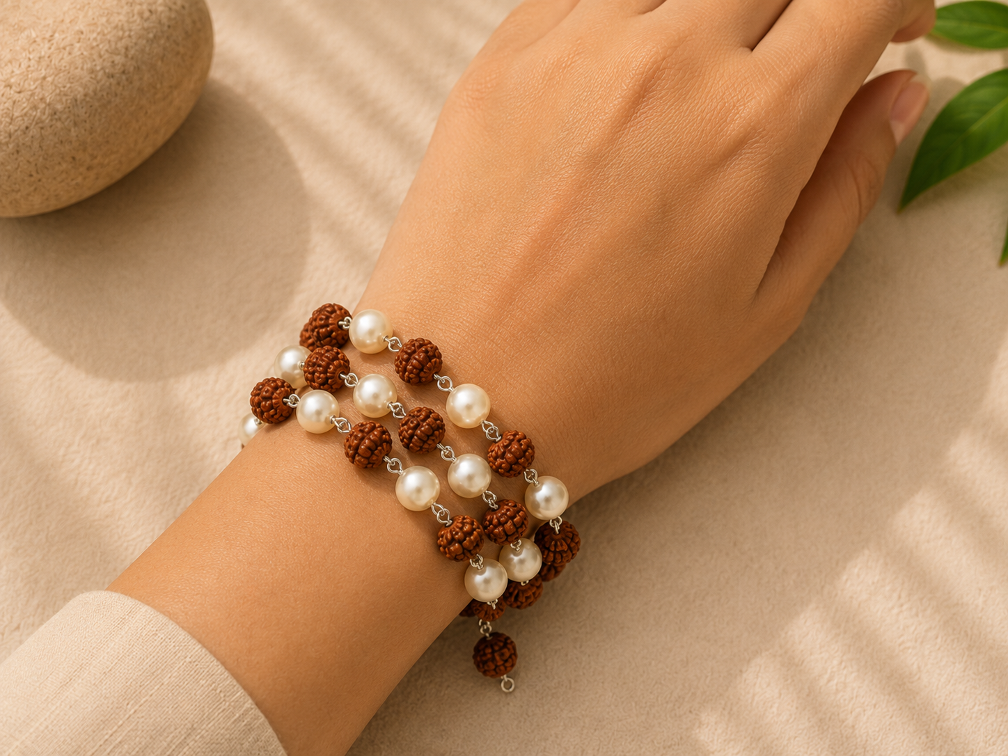 Natural Rudraksha & Pearl Bracelet (Silver Finish) – Spiritual Prayer Bracele - Image 2