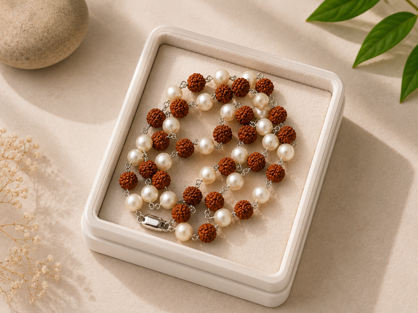 Natural Rudraksha & Pearl Bracelet (Silver Finish) – Spiritual Prayer Bracele - Image 3