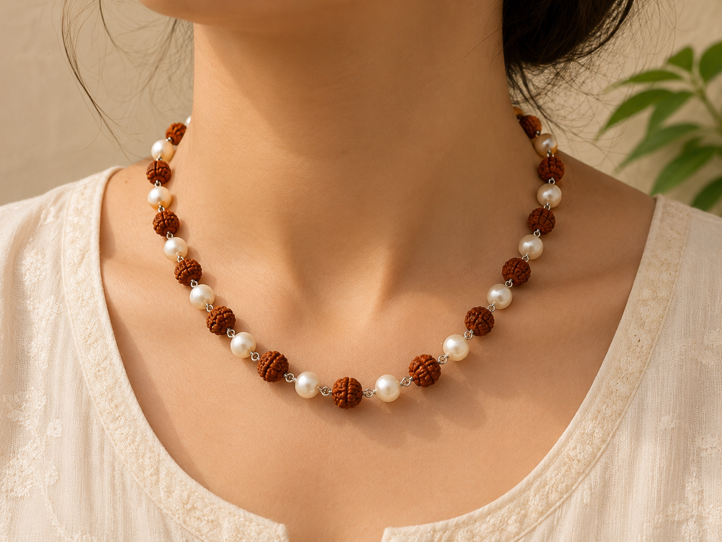 Natural Rudraksha & Pearl Bracelet (Silver Finish) – Spiritual Prayer Bracele - Image 5