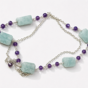 Natural Amazonite & Amethyst Gemstone Necklace with Silver Chain