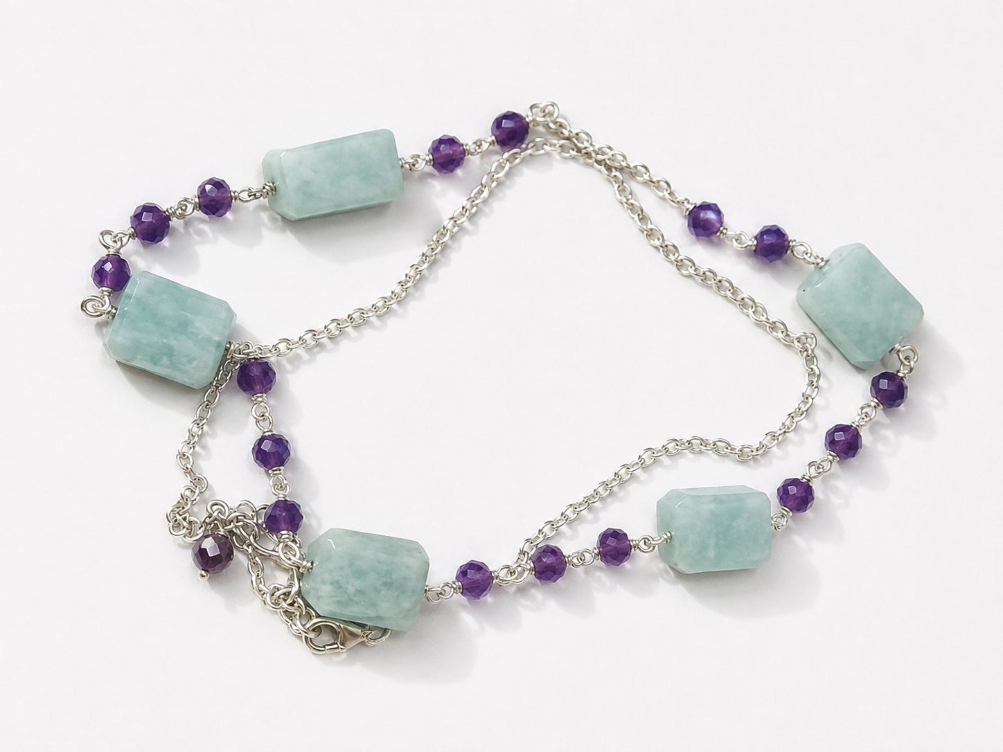 Natural Amazonite & Amethyst Gemstone Necklace with Silver Chain