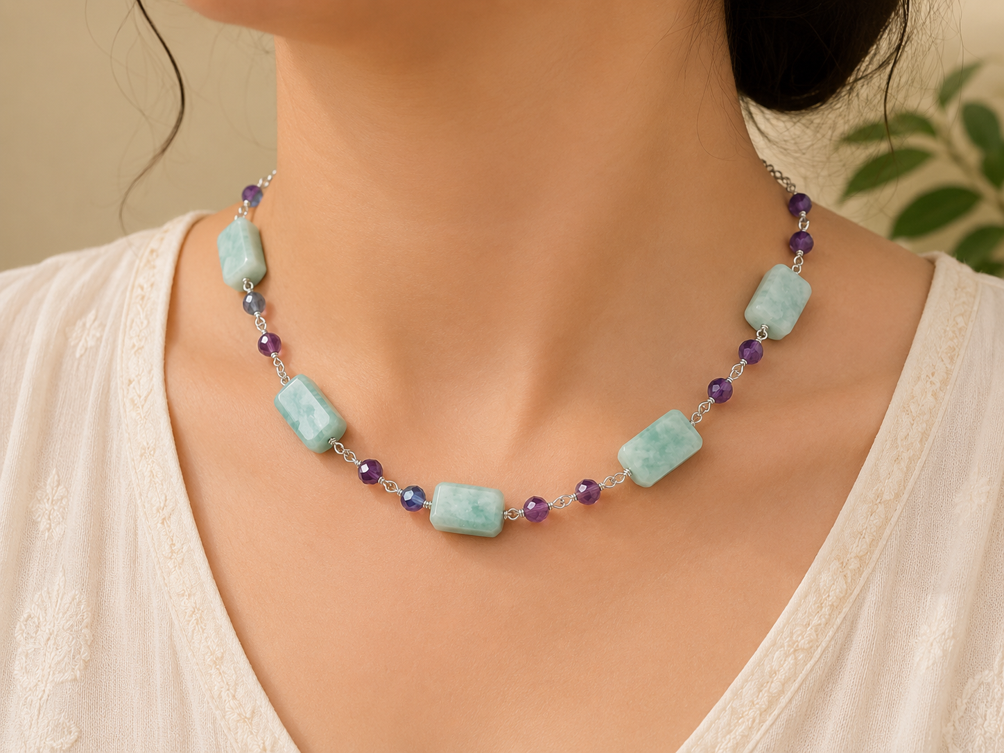Natural Amazonite & Amethyst Gemstone Necklace with Silver Chain - Image 3