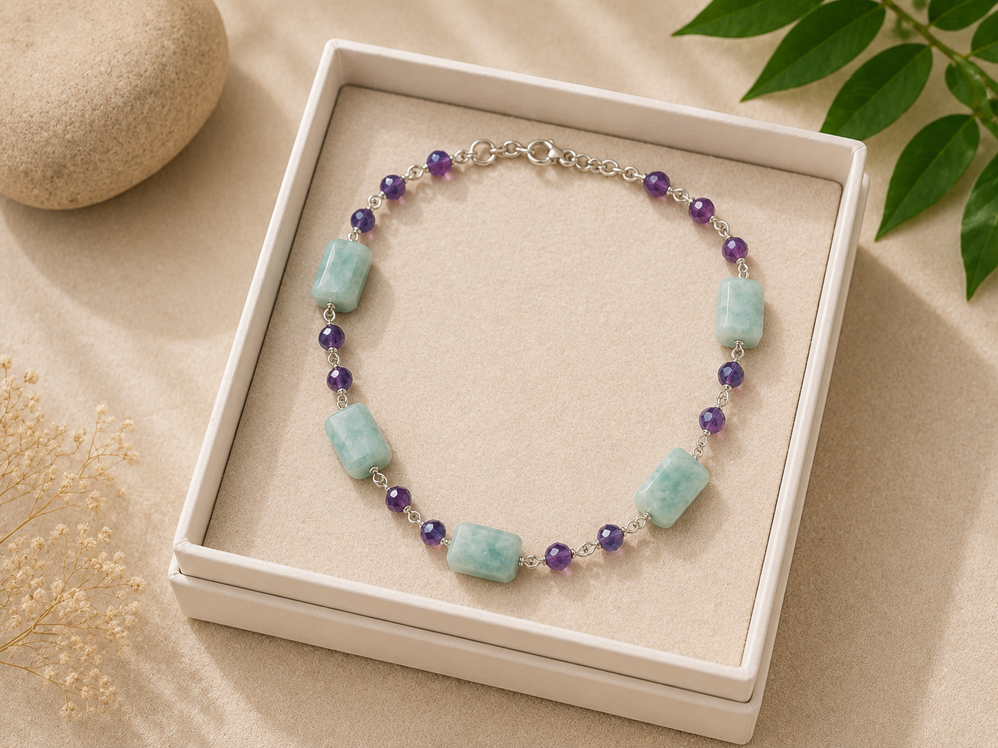Natural Amazonite & Amethyst Gemstone Necklace with Silver Chain - Image 2