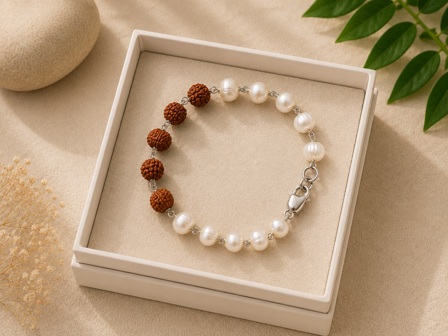 Natural 8 Mukhi Java Rudraksha & Freshwater Pearl Bracelet (Silver Finish) - Image 2