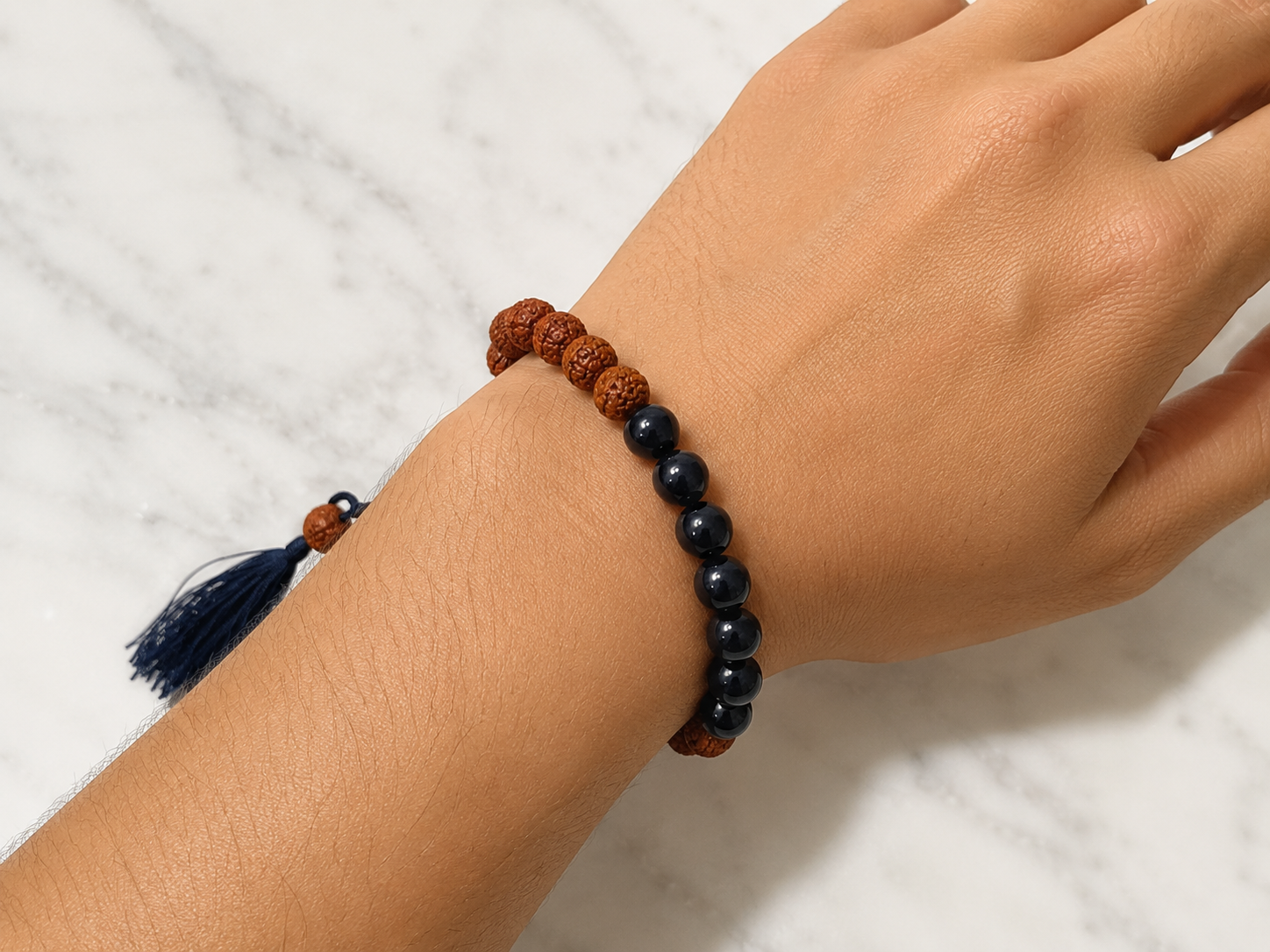 Natural Rudraksha & Black Agate Adjustable Bracelet | Spiritual Healing Bracelet | Handmade Unisex Wrist Mala - Image 2