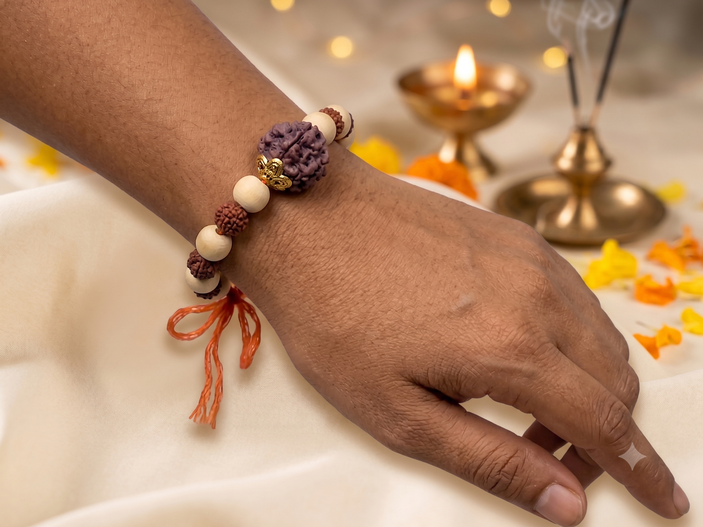 Natural Rudraksha & Chandan Bracelet with 5 Mukhi Rudraksha | Handmade Spiritual Wrist Mala | Unisex - Image 3