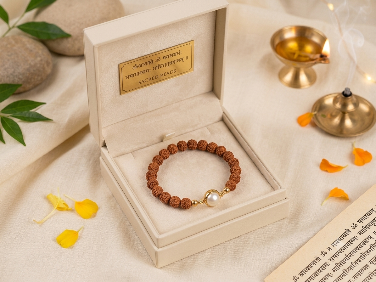 Natural Rudraksha & Pearl Bracelet | Handmade Spiritual Healing Bracelet | Unisex - Image 4